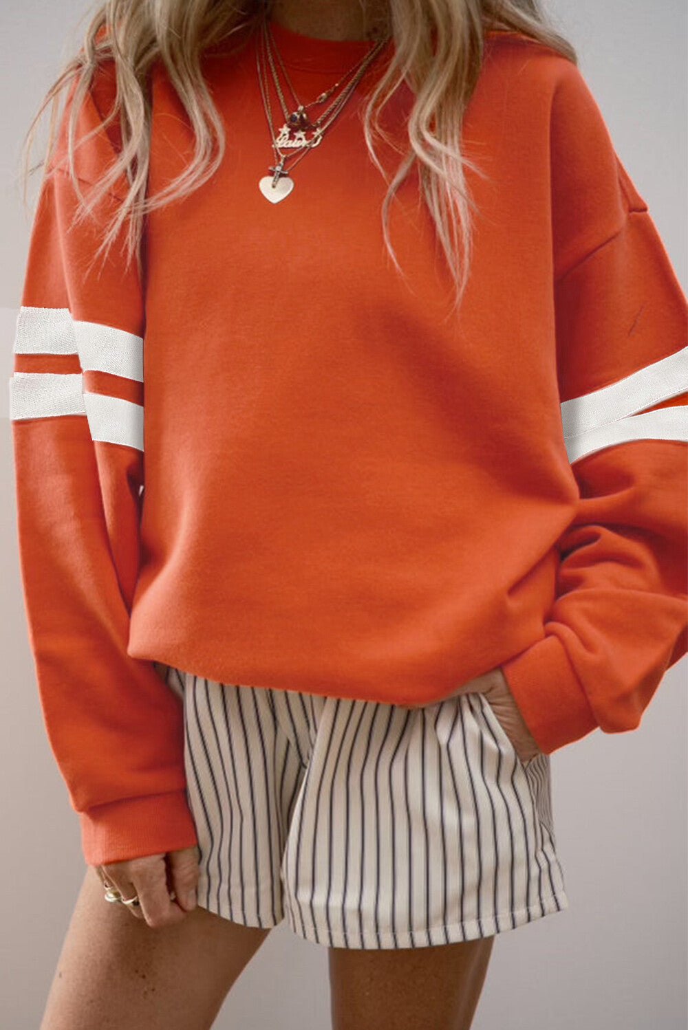 Varsity Stripe Sleeve Crew Sweatshirt - Orange - 3