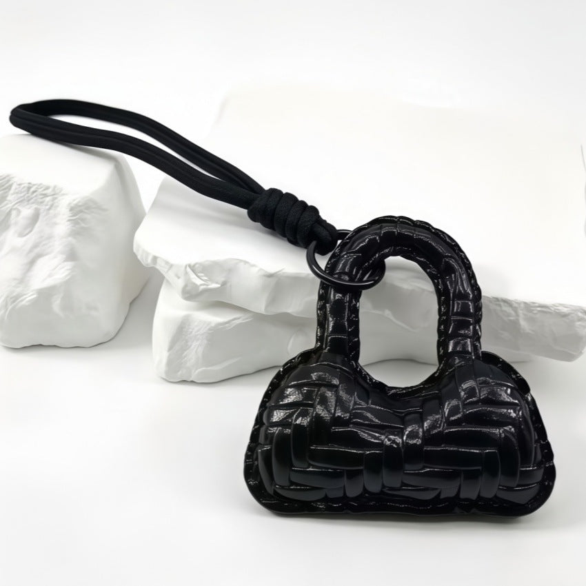 Woven Mini Handbag Bag Charm Keychain With Knot Strap - Black