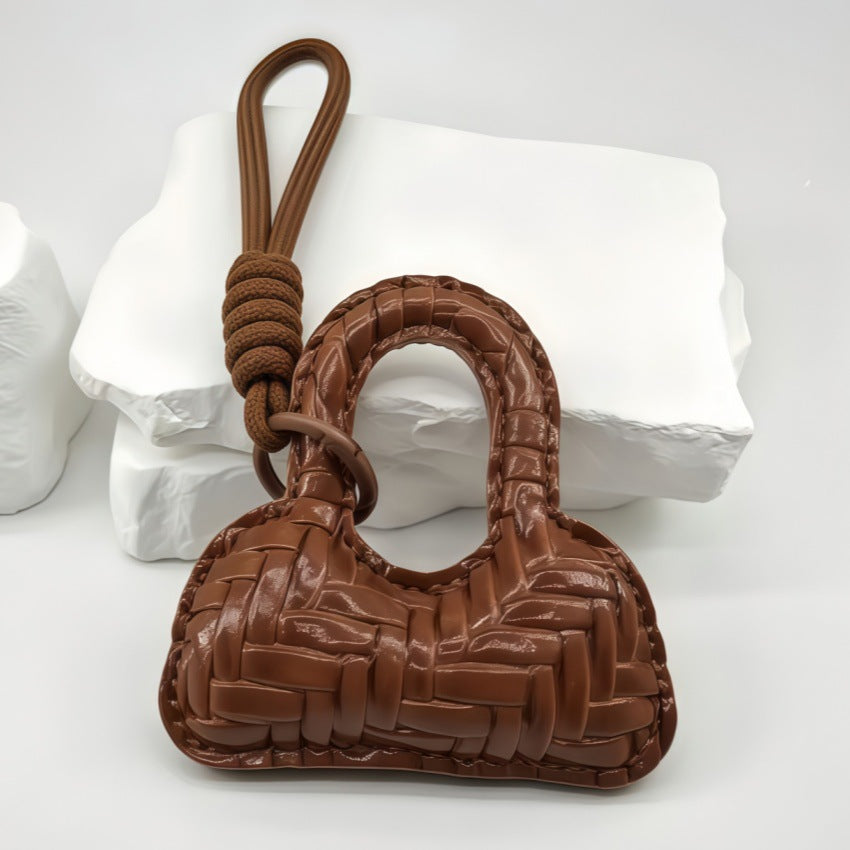 Woven Mini Handbag Bag Charm Keychain With Knot Strap - Coffee
