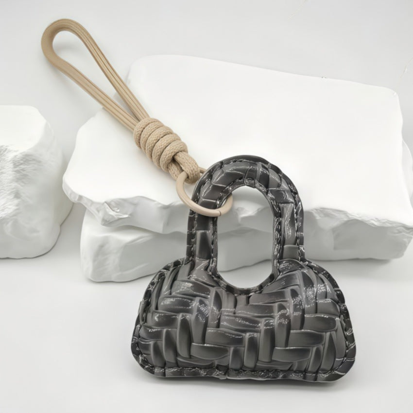Woven Mini Handbag Bag Charm Keychain With Knot Strap - Grey