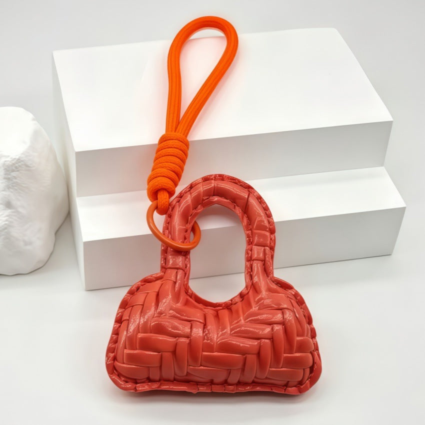 Woven Mini Handbag Bag Charm Keychain With Knot Strap - Orange - 1