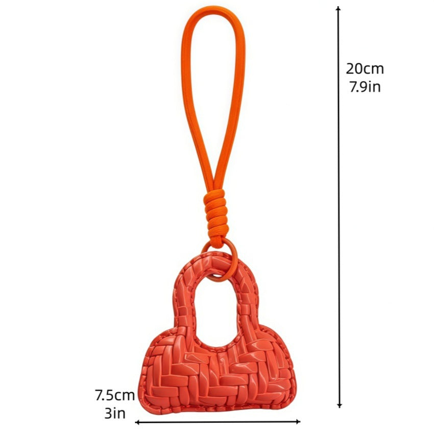 Woven Mini Handbag Bag Charm Keychain With Knot Strap - Orange - 2