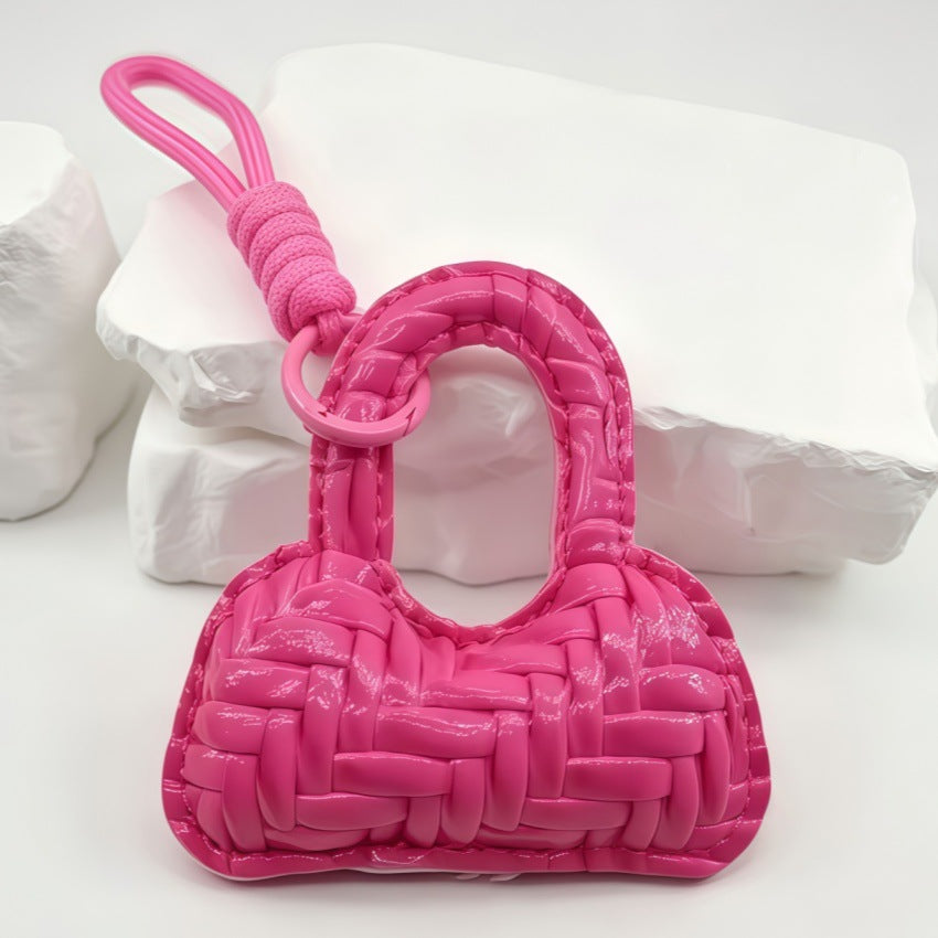 Woven Mini Handbag Bag Charm Keychain With Knot Strap - RoseRed
