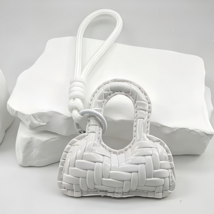 Woven Mini Handbag Bag Charm Keychain With Knot Strap - White