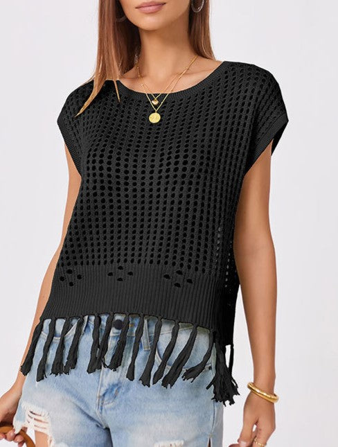 Crochet Fringe Hem Cover Up Top - Black