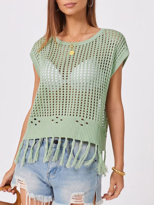 Crochet Fringe Hem Cover Up Top - Green