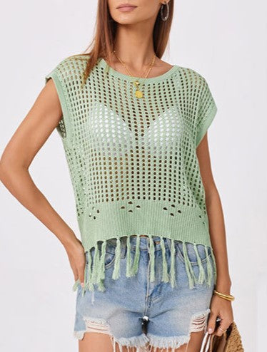 Crochet Fringe Hem Cover Up Top - Green - 1