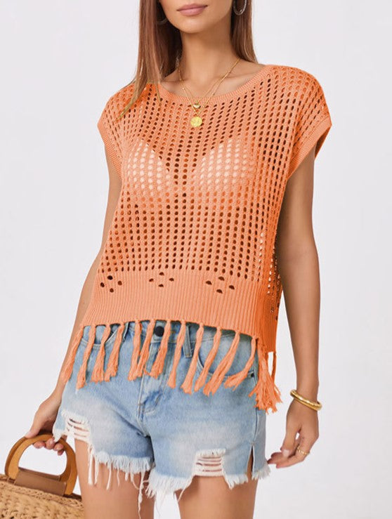 Crochet Fringe Hem Cover Up Top - Orange
