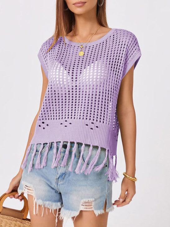 Crochet Fringe Hem Cover Up Top - Purple