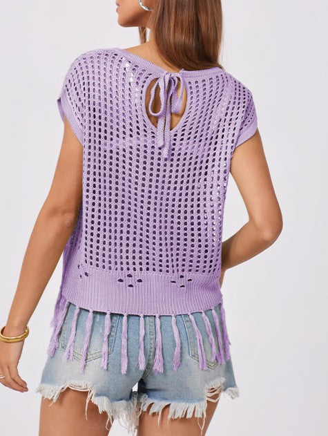 Crochet Fringe Hem Cover Up Top - Purple - 1