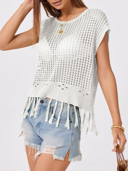 Crochet Fringe Hem Cover Up Top - White - 1