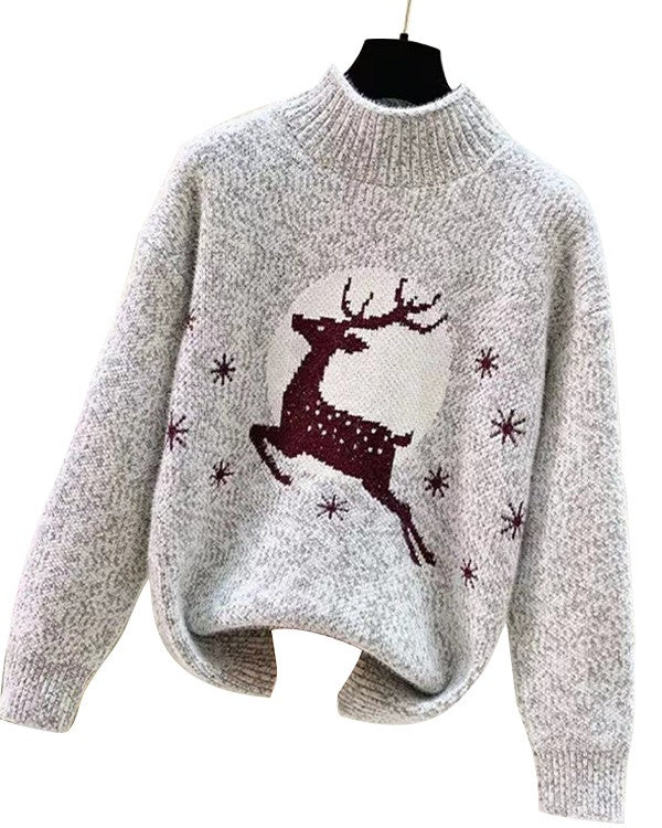 Leaping Deer Mock Neck Fuzzy Knit Top - Light-Gray