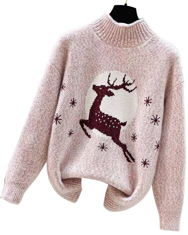 Leaping Deer Mock Neck Fuzzy Knit Top - Pink
