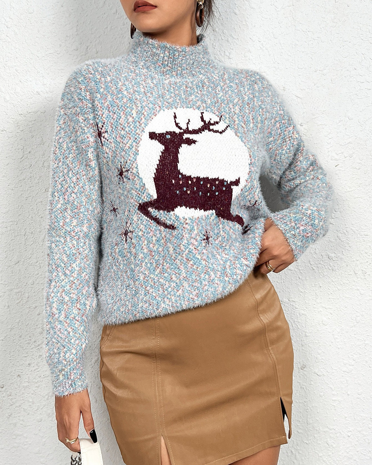 Leaping Deer Mock Neck Fuzzy Knit Top - Sky-Blue