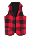 Hooded Buffalo Plaid Sherpa Vest With Pockets - Red