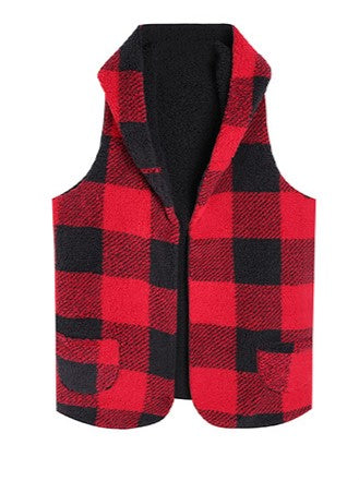 Hooded Buffalo Plaid Sherpa Vest With Pockets - Red