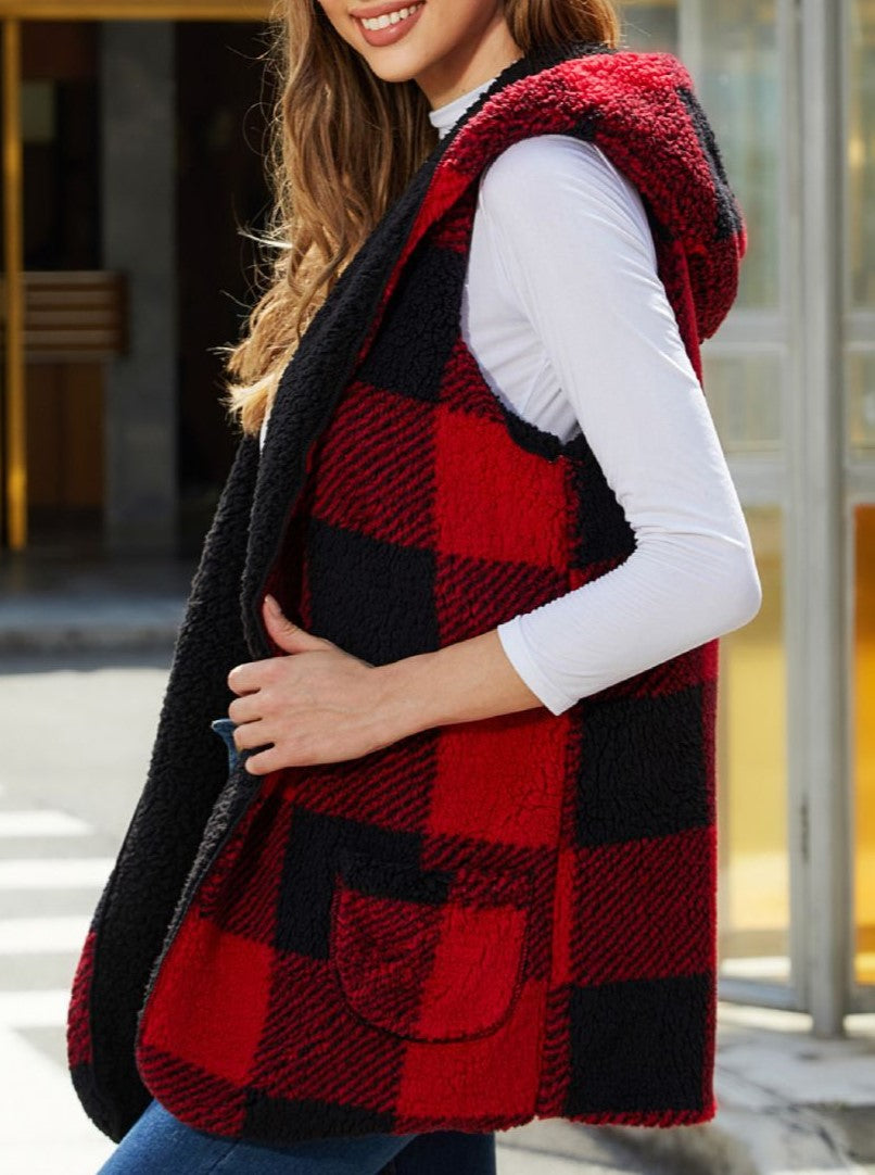 Hooded Buffalo Plaid Sherpa Vest With Pockets - Red - 2