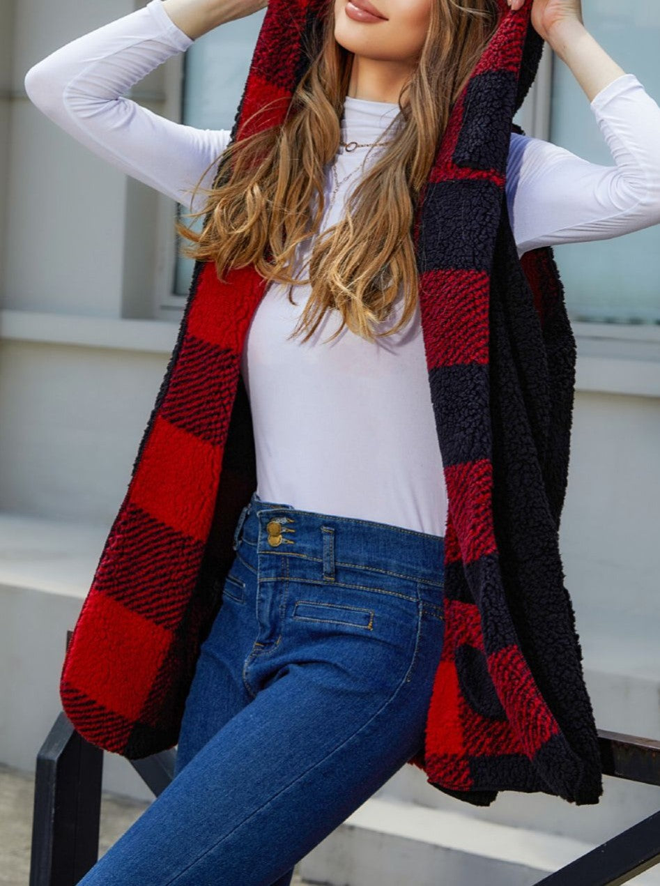 Hooded Buffalo Plaid Sherpa Vest With Pockets - Red - 3