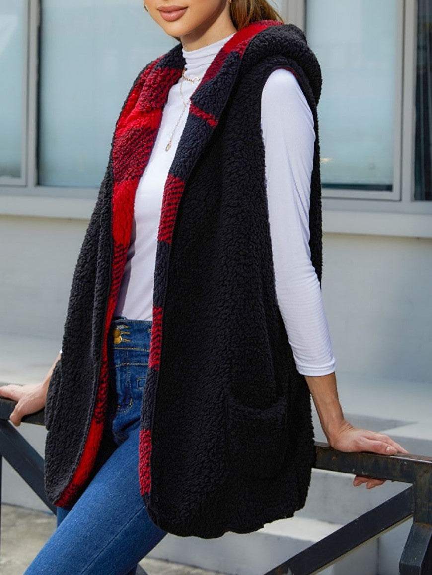 Hooded Buffalo Plaid Sherpa Vest With Pockets - Red - 4
