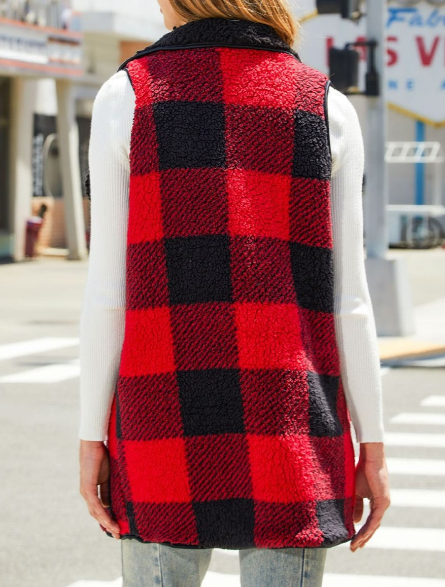 Hooded Buffalo Plaid Sherpa Vest With Pockets - Red - 5