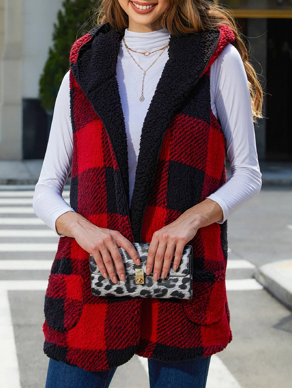 Hooded Buffalo Plaid Sherpa Vest With Pockets