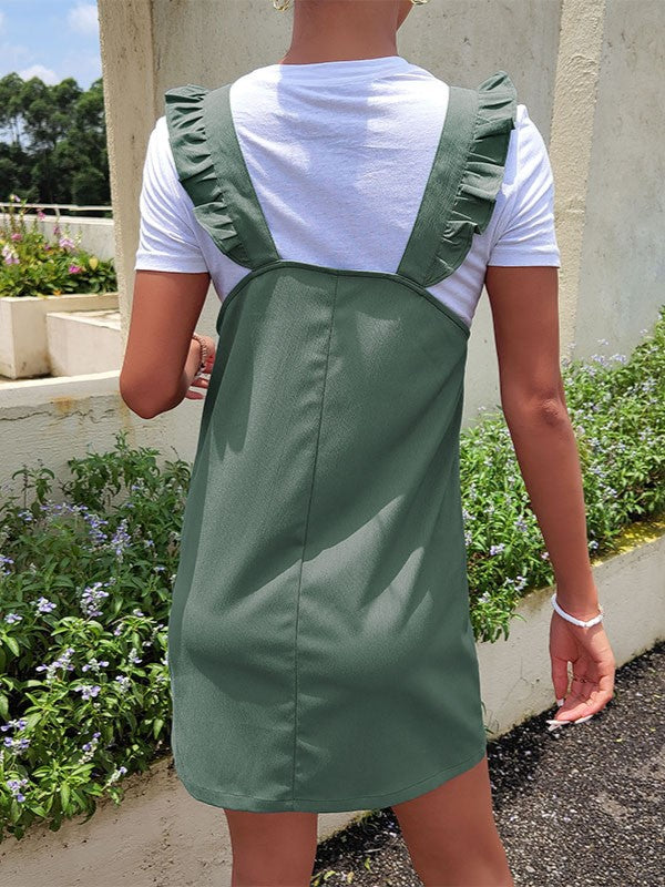 Ruffle Strap Pinafore Mini Dress - Green - 1