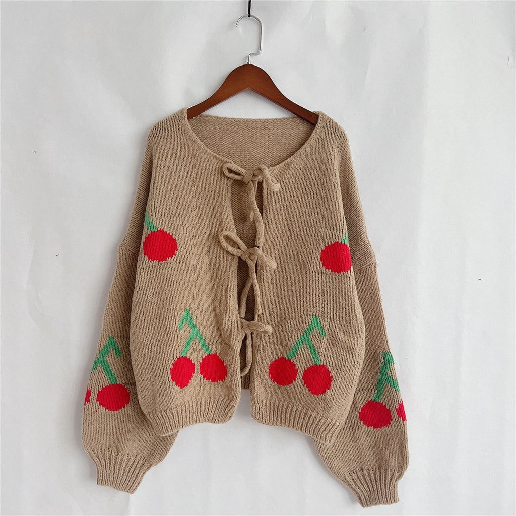 Cherry Jacquard Tie Front Knit Cardigan - Khaki