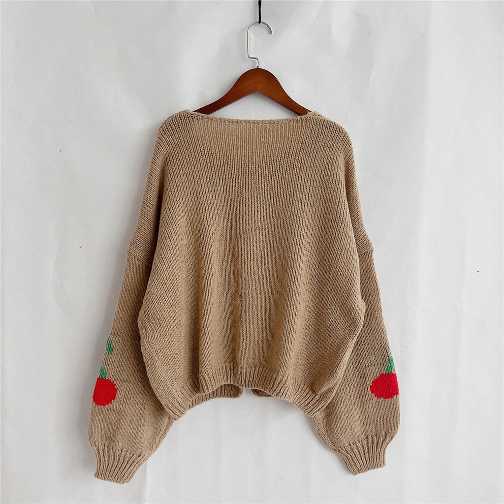 Cherry Jacquard Tie Front Knit Cardigan - Khaki - 1
