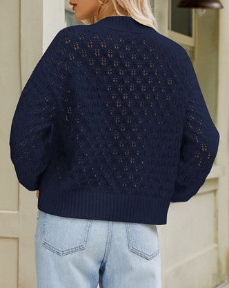 Pointelle Crewneck Drop Shoulder Knit Sweater - Navyblue - 1
