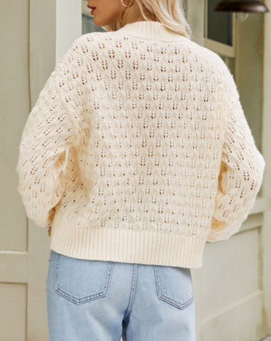 Pointelle Crewneck Drop Shoulder Knit Sweater - White - 2
