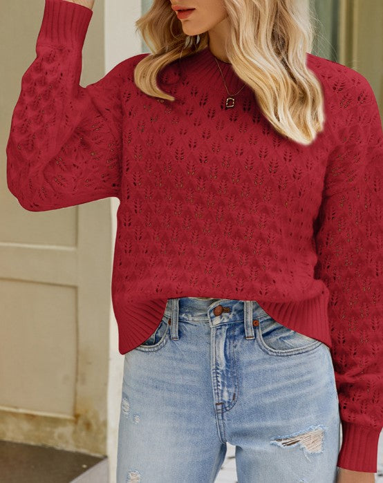 Pointelle Crewneck Drop Shoulder Knit Sweater - Winered