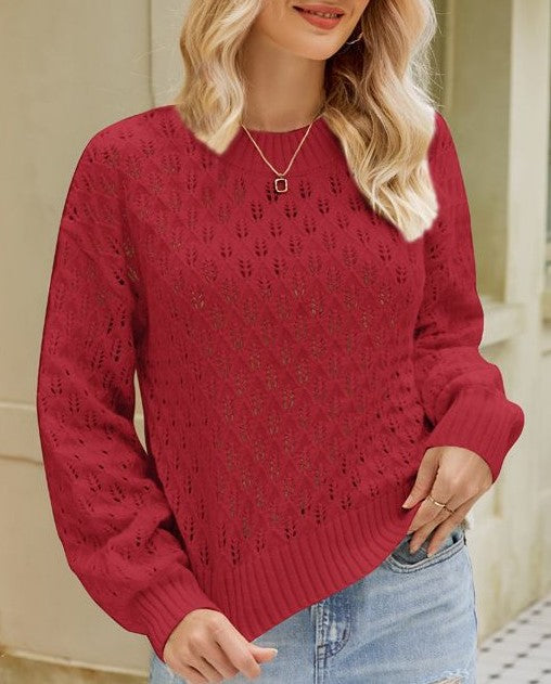 Pointelle Crewneck Drop Shoulder Knit Sweater - Winered - 1