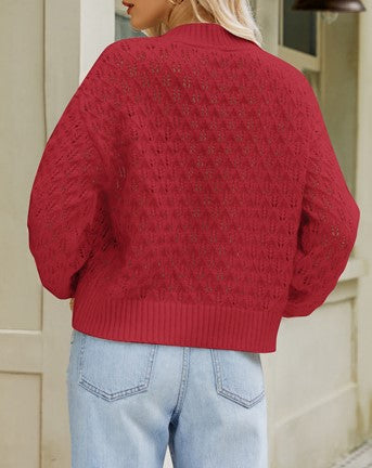 Pointelle Crewneck Drop Shoulder Knit Sweater - Winered - 2