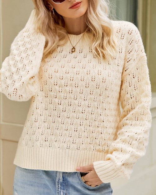 Pointelle Crewneck Drop Shoulder Knit Sweater - view 1