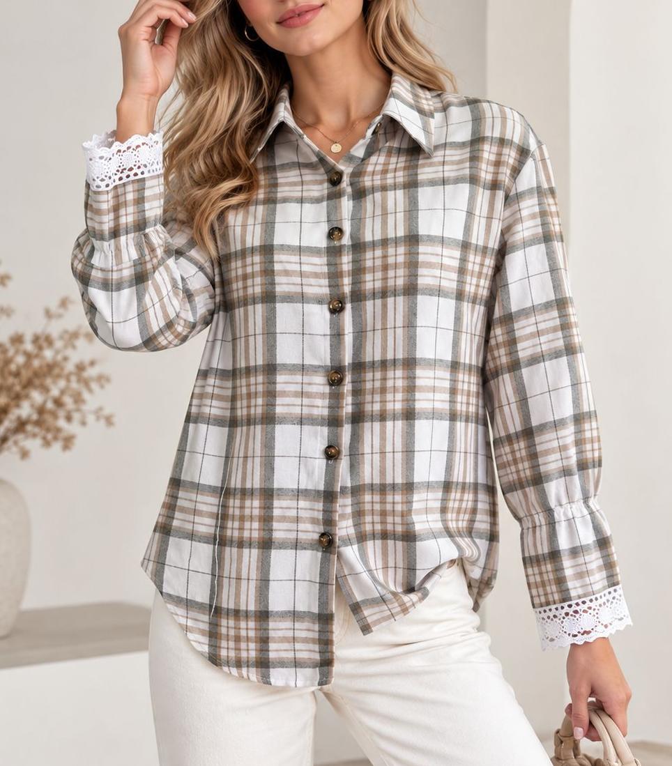 Plaid Tie Back Lace Cuff Bell Sleeve Relaxed Shirt - Beige
