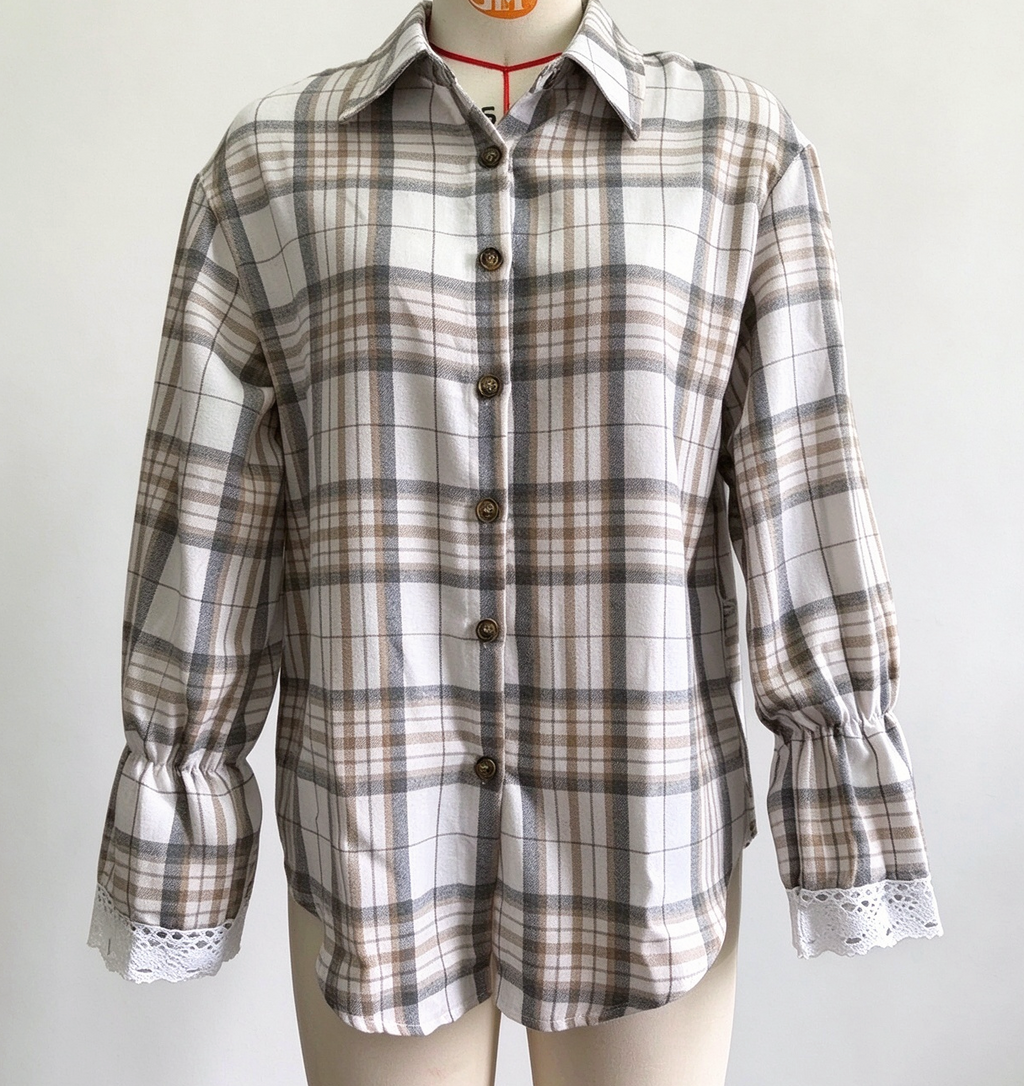 Plaid Tie Back Lace Cuff Bell Sleeve Relaxed Shirt - Beige - 1