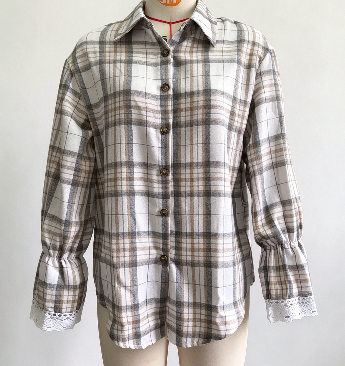 Plaid Tie Back Lace Cuff Bell Sleeve Relaxed Shirt - Beige - 1