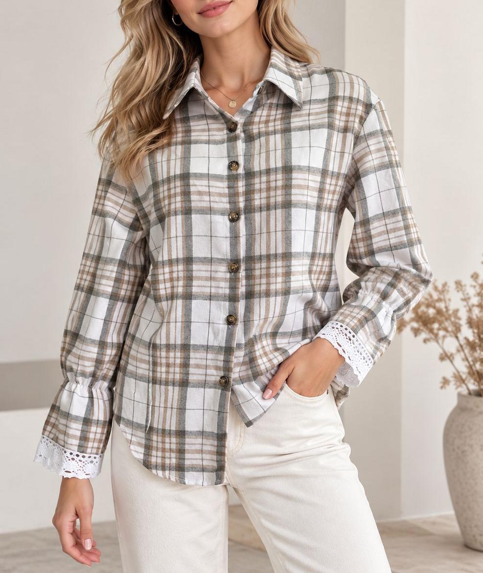 Plaid Tie Back Lace Cuff Bell Sleeve Relaxed Shirt - Beige - 2
