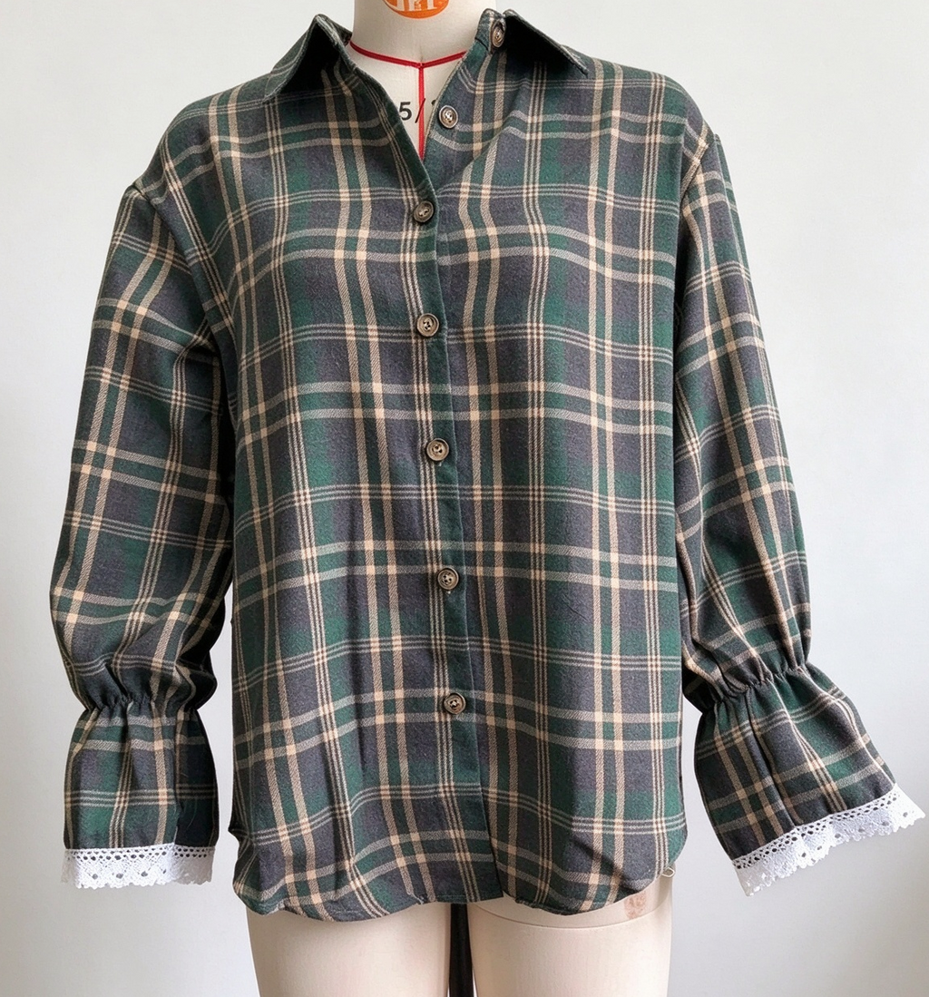 Plaid Tie Back Lace Cuff Bell Sleeve Relaxed Shirt - DGreen