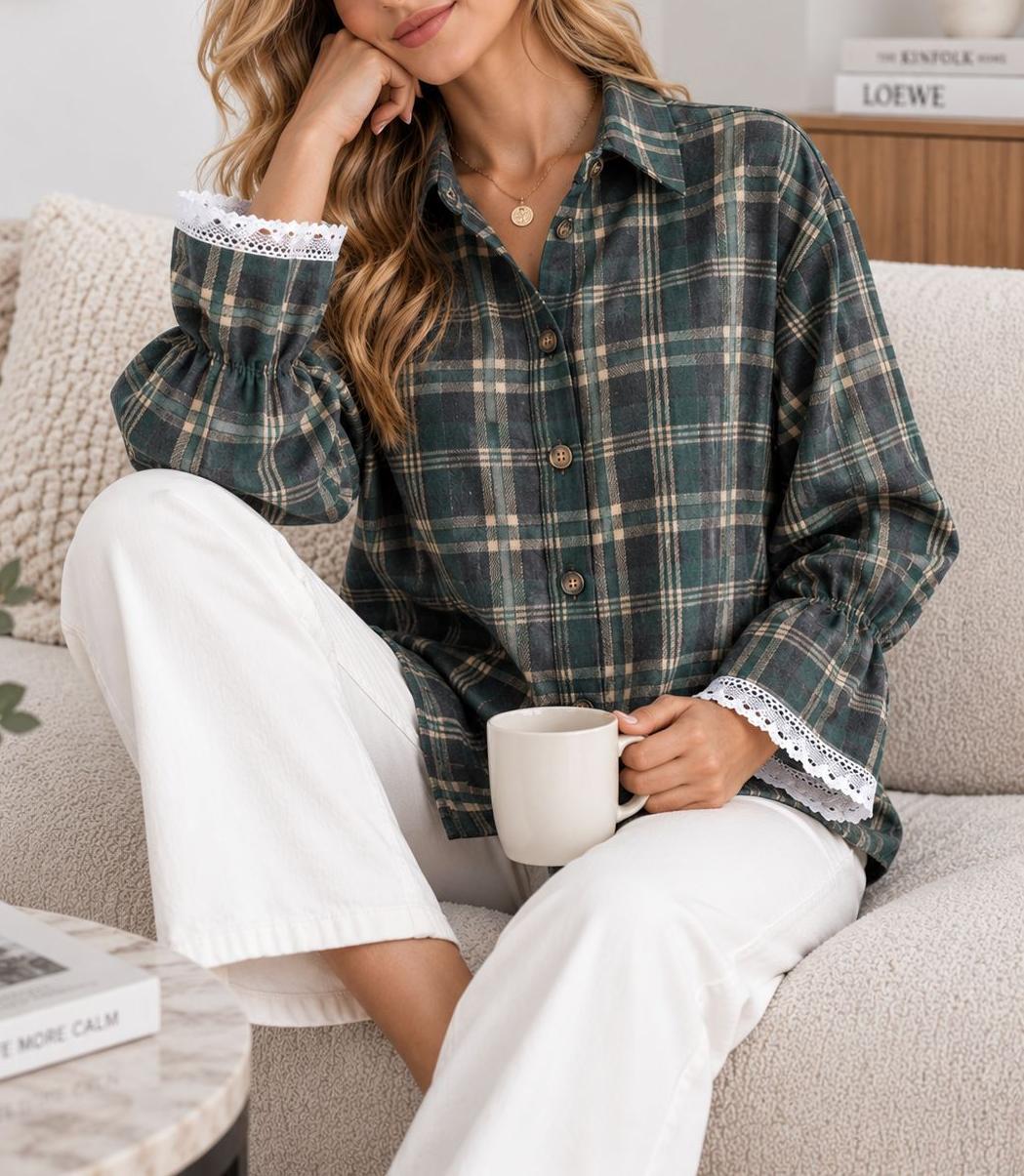 Plaid Tie Back Lace Cuff Bell Sleeve Relaxed Shirt - DGreen - 1