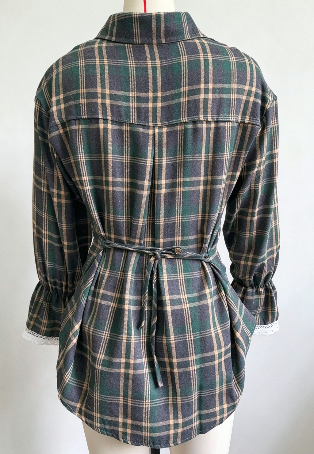 Plaid Tie Back Lace Cuff Bell Sleeve Relaxed Shirt - DGreen - 2