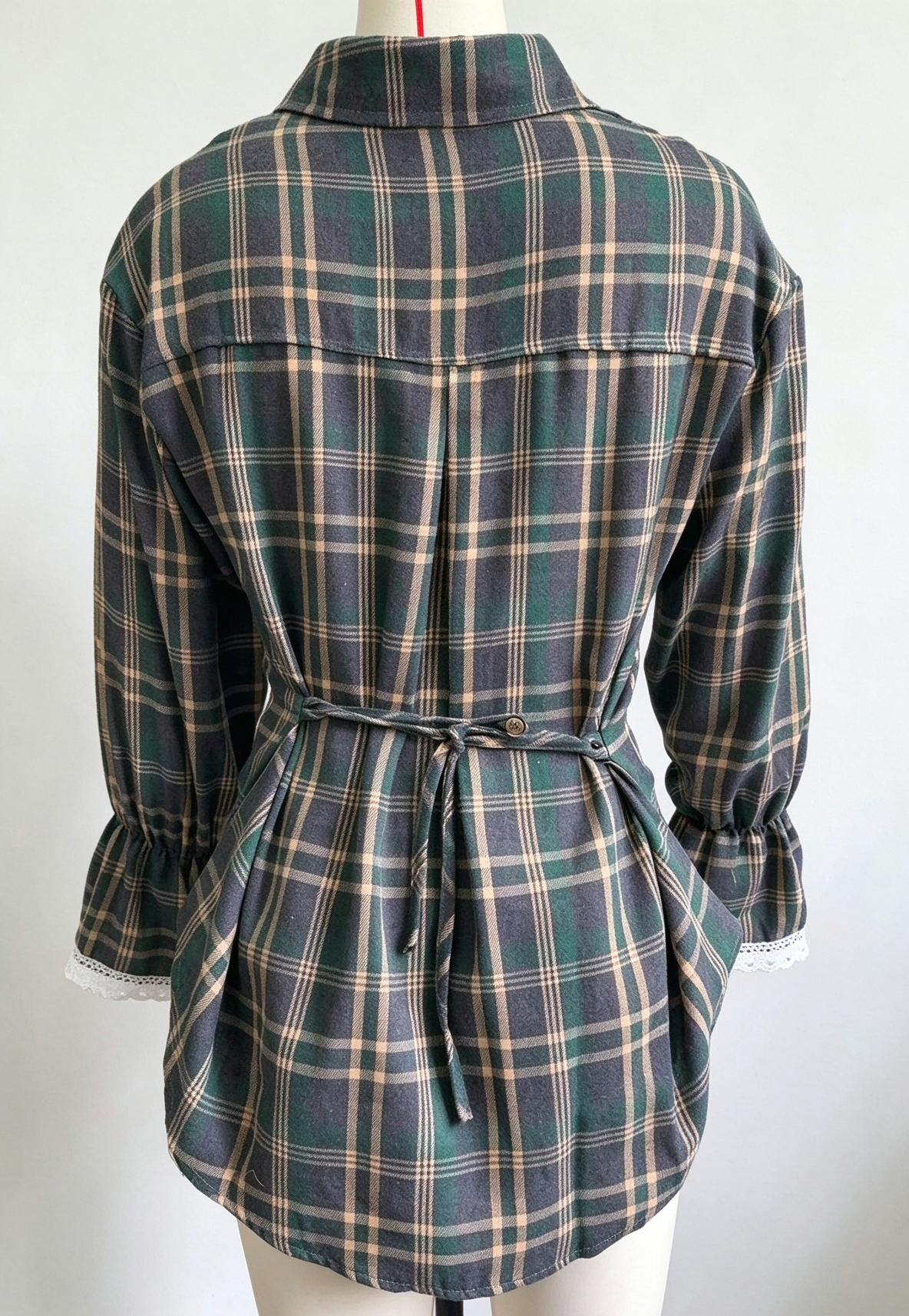 Plaid Tie Back Lace Cuff Bell Sleeve Relaxed Shirt - DGreen - 2