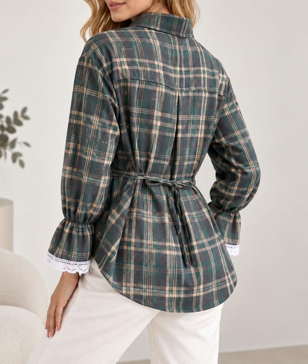 Plaid Tie Back Lace Cuff Bell Sleeve Relaxed Shirt - DGreen - 3