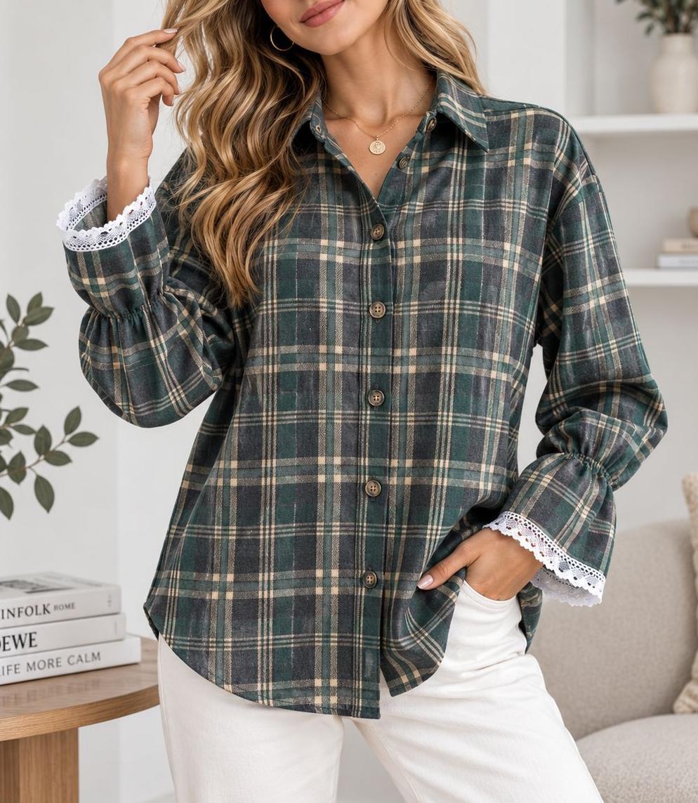 Plaid Tie Back Lace Cuff Bell Sleeve Relaxed Shirt - DGreen - 4