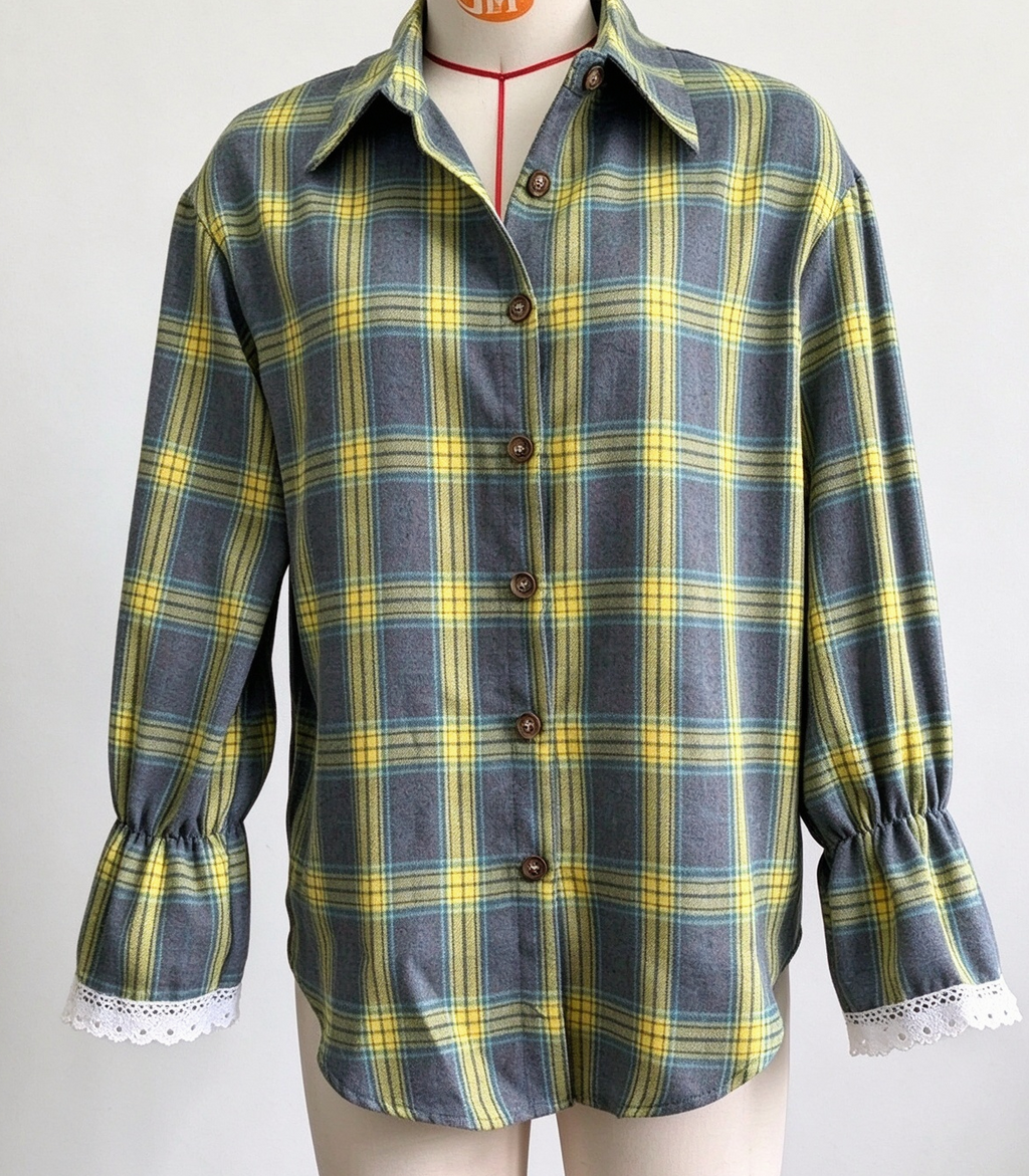 Plaid Tie Back Lace Cuff Bell Sleeve Relaxed Shirt - Green