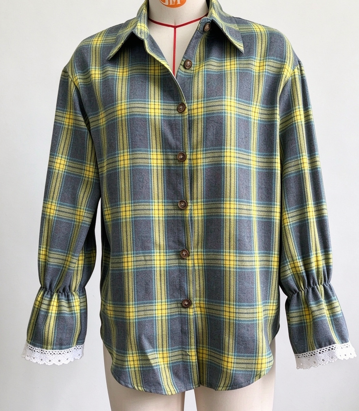Plaid Tie Back Lace Cuff Bell Sleeve Relaxed Shirt - Green