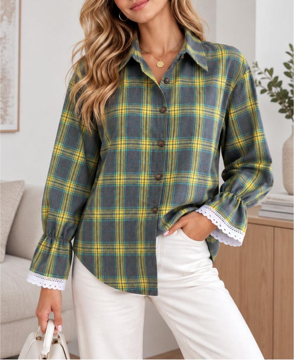Plaid Tie Back Lace Cuff Bell Sleeve Relaxed Shirt - Green - 1