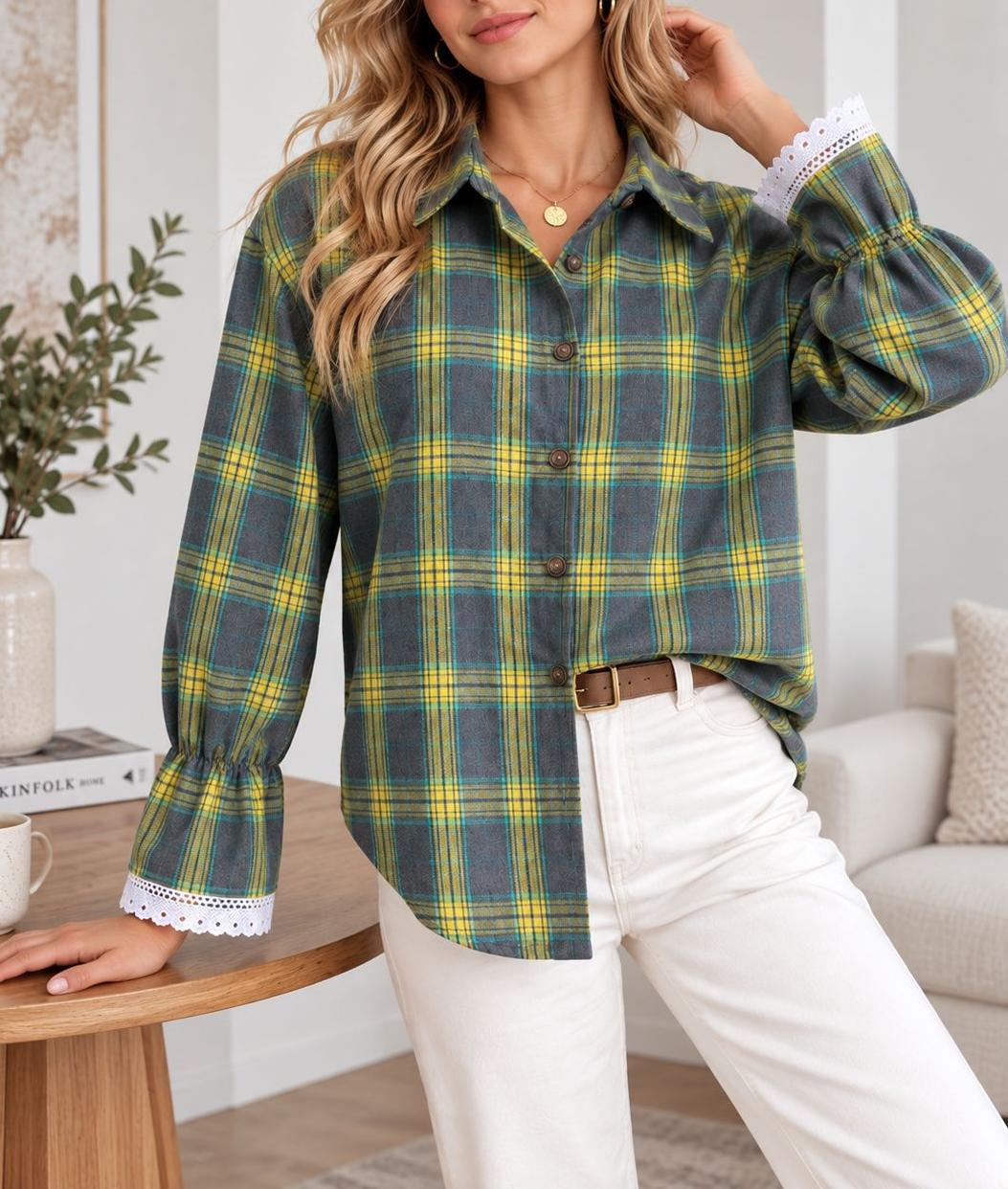 Plaid Tie Back Lace Cuff Bell Sleeve Relaxed Shirt - Green - 2