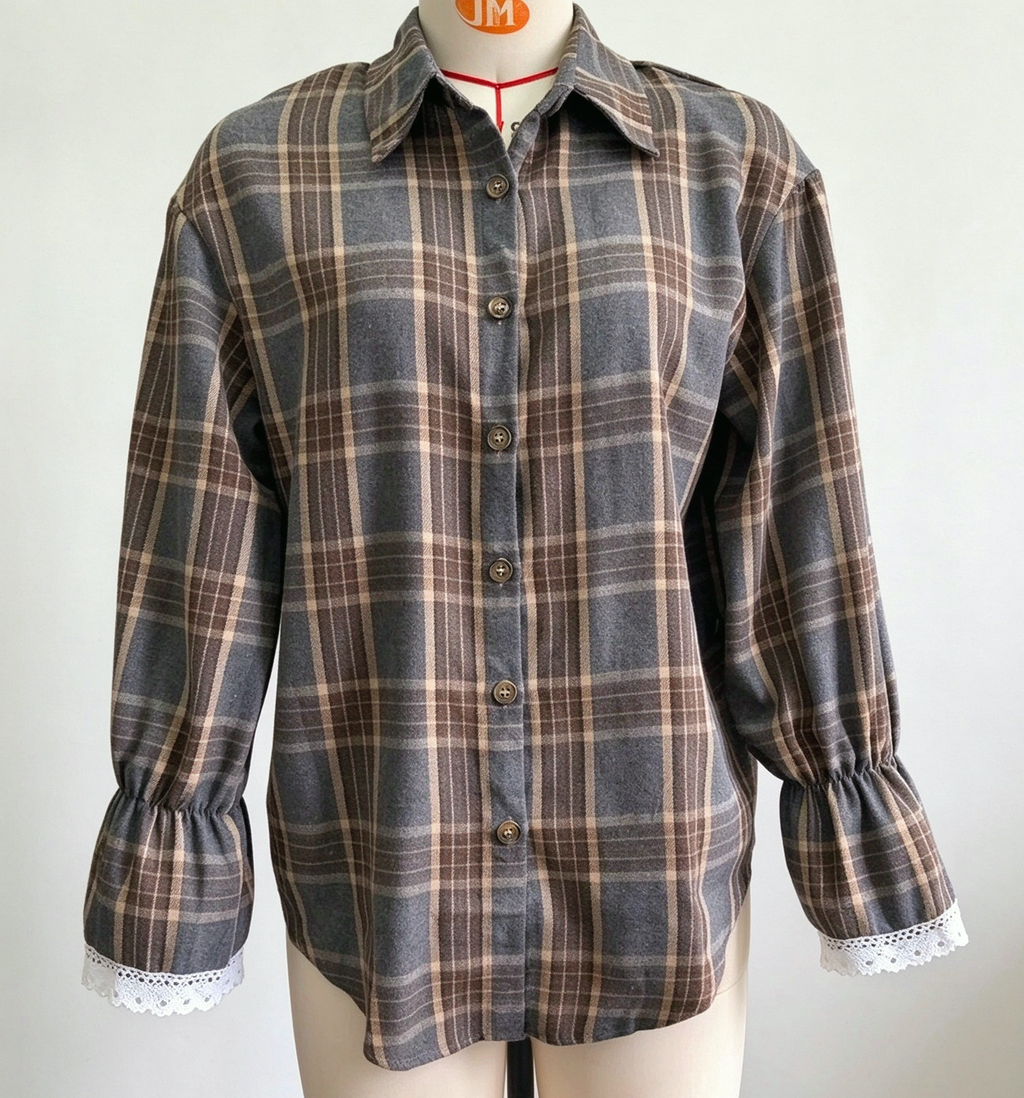 Plaid Tie Back Lace Cuff Bell Sleeve Relaxed Shirt - Grey