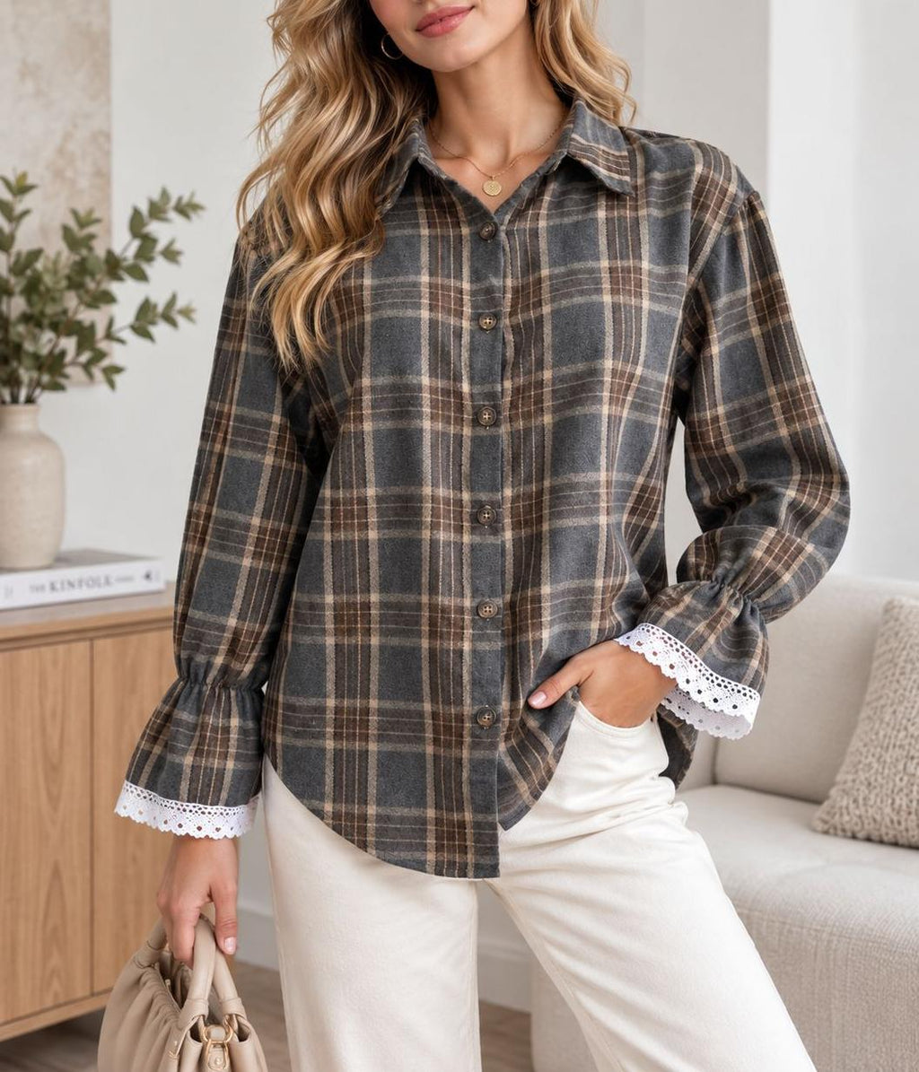 Plaid Tie Back Lace Cuff Bell Sleeve Relaxed Shirt - Grey - 1